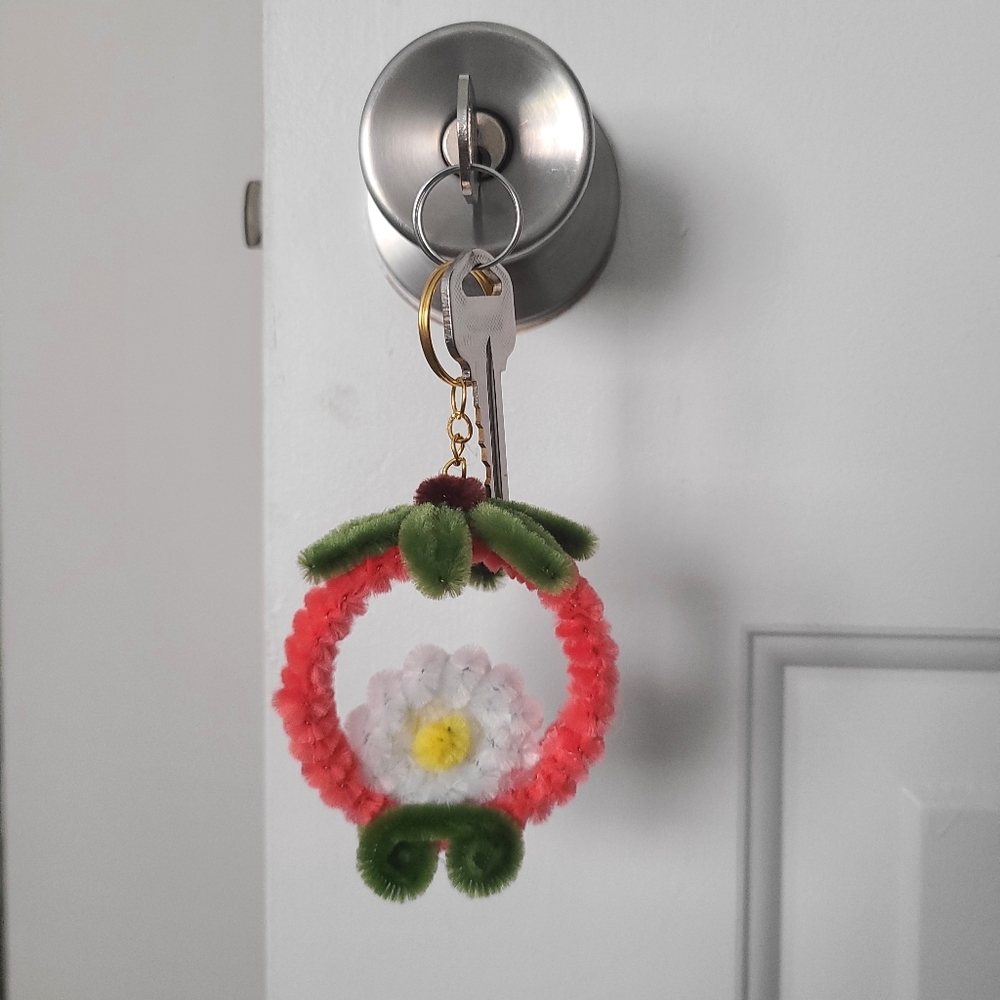 Handmade Floral Keychain with Pink and Green Accents